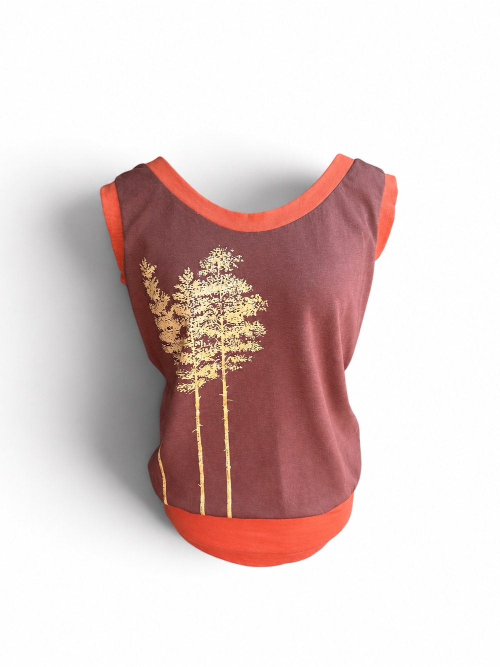 Anthropologie Rust Tank with Orange Trim and Gold Tree Graphic